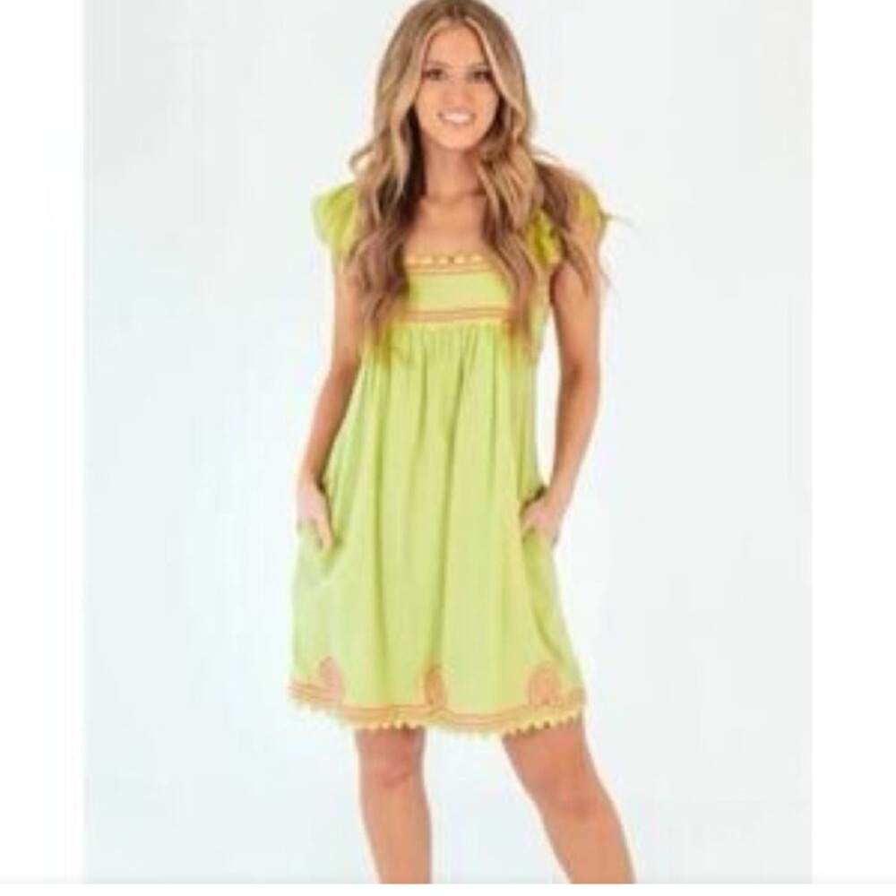 J. Marie Hailey Dress Lime Green Dress with Pink Accents Size L NEW